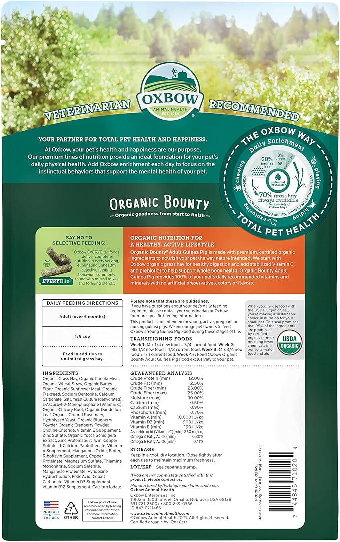 Oxbow Animal Health Organic Bounty Adult Guinea Pig Food, Made In The USA, 3 Pound Bag