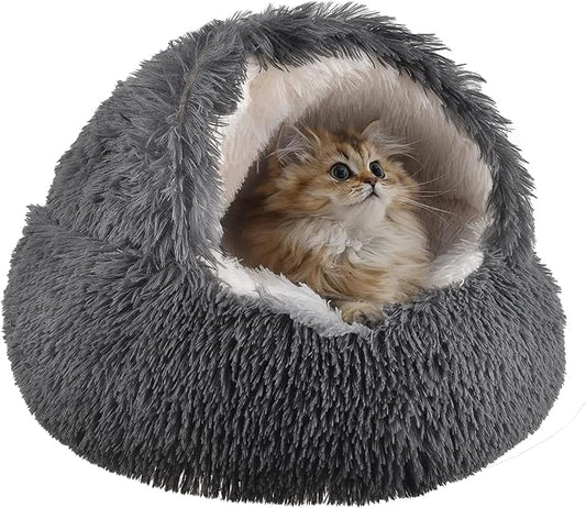 Cat Bed Round Fluffy Hooded Cat Bed Cave