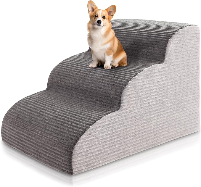 15.7”H Curved Dog Stairs for High Beds, Pet Steps with Durable Non-Slip Washble Fabric Cover, Pet Stairs for High Bed Climbing, Dog Steps for Small Dogs and Cats, 3-Tiers（23.4" D x 15.7" W）