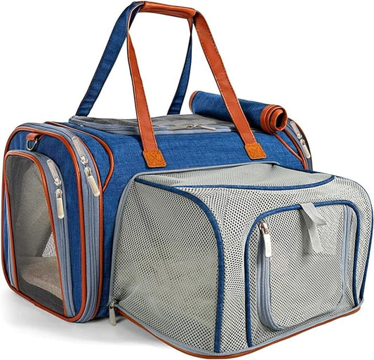 Mr. Peanut's Expandable Airline Approved Soft Sided Pet Carrier, Low Profile Gold Series Tote, Premium Brand Self Locking Zippers, Plush Faux Fleece Bedding with a Sturdy Plywood Base (Deja Blue)