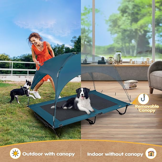 47 Inch Elevated Cooling Large Dog Bed with Removable Canopy, Raised Dog Beds for Large Dogs with Washable Breathable Mesh, Dog Cot for Big Dogs, Indoor/Outdoor Dog Bed with Canopy