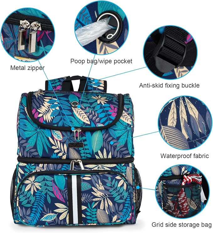 BAGLHER Pet Travel Bag, Double-Layer Pet Supplies Backpack (for All Pet Travel Supplies), Pet Travel Backpack with 2 Silicone Collapsible Bowls and 2 Food Baskets Hawaii