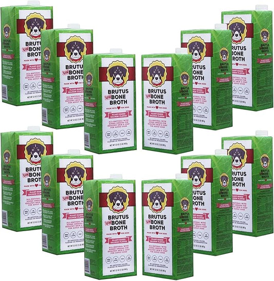 Brutus Vegetable Broth for Dogs | All Natural | Made in USA |Omegas & Turmeric for Healthy Skin & Coat |Human Grade Ingredients |Hydrating Dog Food Topper, Gravy & Treat Salmon 12-Pack