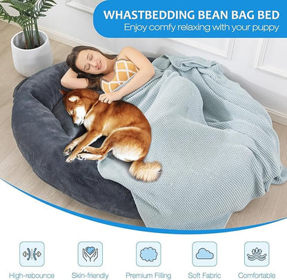 WhatsBedding Large Human Dog Bed 72"x48"x10" Human Size Dog Bed for People Adults,Soft Fur Oval Nap Beanbag Bed for Adults and Pets with Soft Fur Cover, Dark Gray