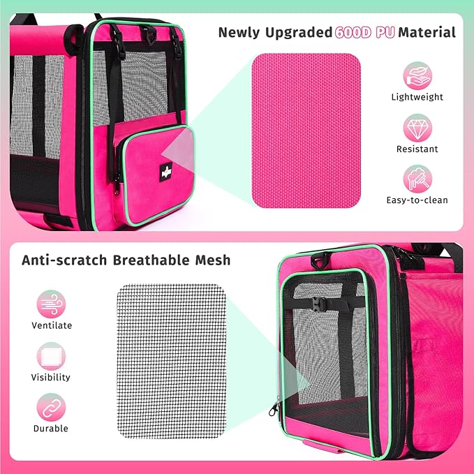 Large Cat Carrier with Wheels, Foldable Rolling Cat Carrier for 2 Cats with Wheels for Cat Dog Under 30 lbs, Cat Carrier Travel Bag with Large Pocket for Outdoor, Pink