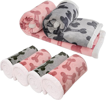 Dog Blankets 6 Pack Flannel Fleece Sherpa Puppy Throw Blankets Bulk 30x43 Inch Warm Sleeping Ultra Soft Bone Printed Plush Fluffy Paw Mat for Pet Couch Bed, Grey and Pink