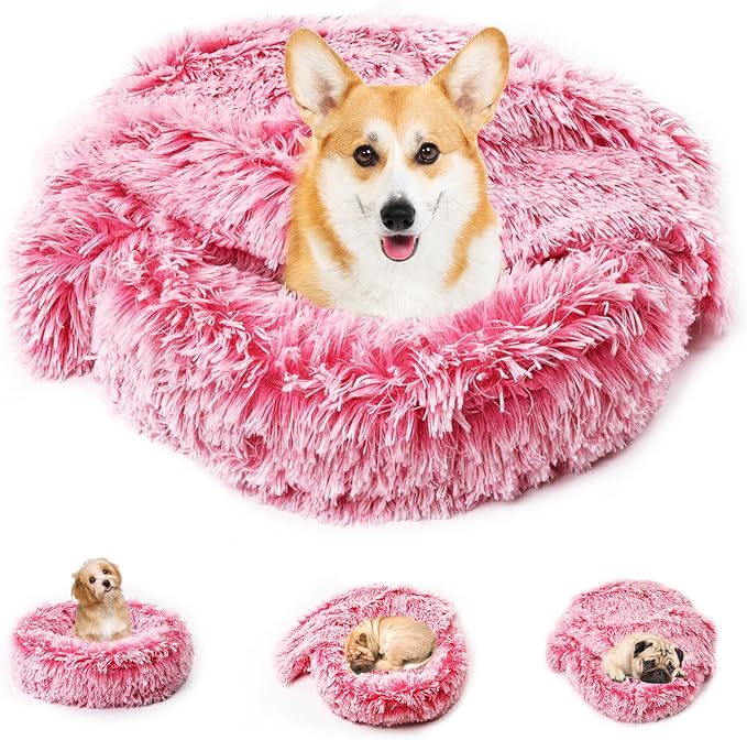 3in1 Dog Beds for Small Dogs with Blanket Attached and Removable Cover, Fluffy Donut Calming Cat Beds Washable Round(Pink,Small)