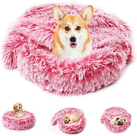 3in1 Dog Beds for Small Dogs with Blanket Attached and Removable Cover, Fluffy Donut Calming Cat Beds Washable Round(Pink,Medium)