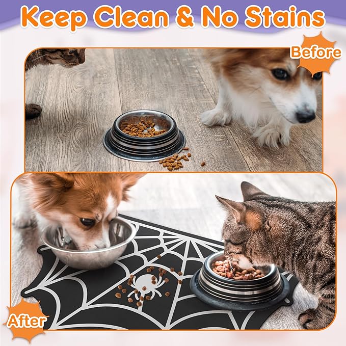 Pet Mats for Food and Water Dog Cat Food Mats Pet Feeding Mat Anti-Slip No Stains Quick Dry Floors Waterproof Placemat for Pet Food Water Bowl Mat Pet Accessories - 23.6"x15.7" Spider Web