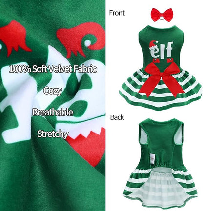 CuteBone Elf Dog Dresses Velvet Holiday Small Dogs Clothes Onesie Pet Apparel Girl Puppy Skirt with Bow Hair Rope CVA55L-D