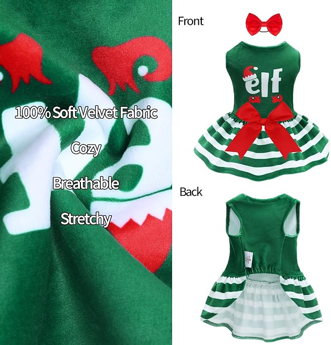 CuteBone Elf Dog Dresses Velvet Holiday Small Dogs Clothes Onesie Pet Apparel Girl Puppy Skirt with Bow Hair Rope CVA55XXS-D