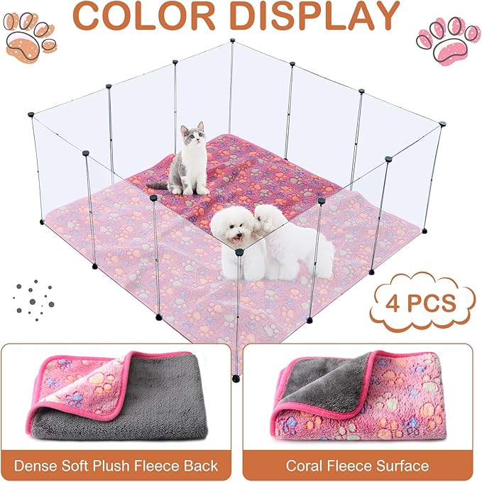 Panelee 4 Pcs Waterproof Dog Blankets Washable Puppy Blanket Paw Print Fleece Blanket for Small Medium pet Cat Whelping Warm Soft Sleep Mat Guinea Pig Cage Liners Blanket (36 x 36 Inch,Multicolor)