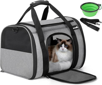 Pecute Extra Large Cat Carrier Bag, Pet Travel Handbag with Foldable Bowl, Soft-Sided Cat Bag with Thickened Cushion, Stereo Breathable, Used for Medium/Large Cats and Puppies Under 17 lbs, Grey