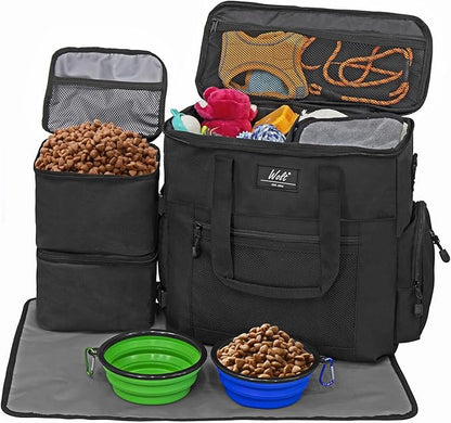 WOLT | Pet Travel Bag Kit for Dog Carrier & Travel, Includes 2 Food Containers + 2 Collapsible Bowls + 1 Placemat, Airline Approved Organizer for Pet Supplies Essentials Camping, Hiking, Weekend Away