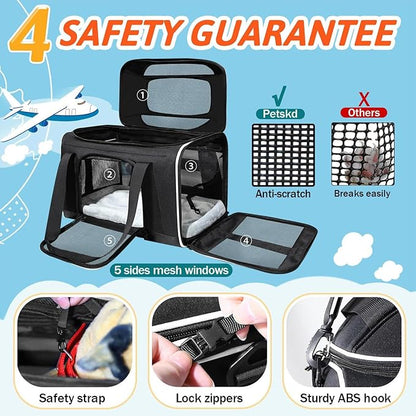 Petskd Top-Expandable Pet Carrier 17x13x9.5 Inches Southwest Allegiant Airline Approved, Soft-Sided Carrier for Small Cats and Dogs with Locking Safety Zippers and Anti-Scratch Mesh(Black)