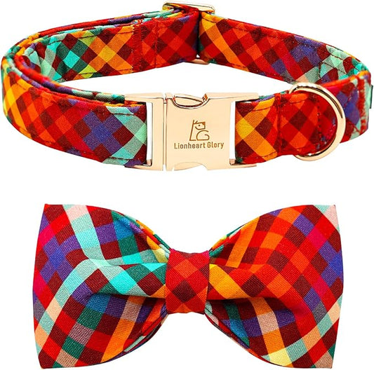 Lionheart glory Plaid Dog Collar Fall Halloween Dog Collars Bowtie Heavy Soft Adjustable Dog Collar for Medium Dogs Collar Dog Bow Male/Female Dog Collar Pet Gift