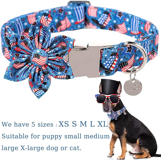 Patriotic Dog Collar with Flower 4th of 10-16in