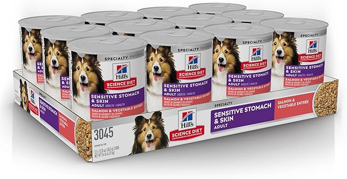 Hill's Science Diet Sensitive Stomach & Skin, Adult 1-6, Stomach & Skin Sensitivity Support, Wet Dog Food, Salmon & Vegetables Loaf, 12.8 oz Can, Case of 12