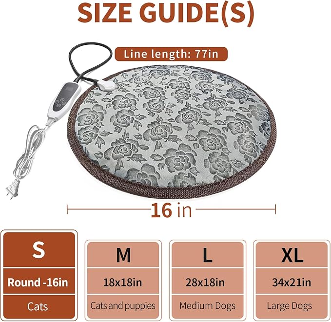 Cat Heating Pad Round-D16in Pet Heating Pads for Cats Waterproof Smart Thermostat Switch
