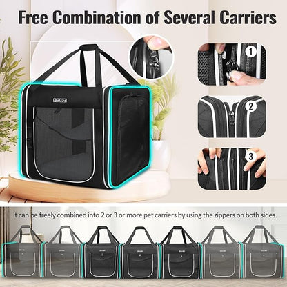 Petskd Combinable Pet Carrier for Large Cat or Medium Dog, 18"x17"x17" Large Cat Carrier for Car Travel, 2 Small Pet Soft Carrier with Food Bag, Bowl and Safety Locking Zippers for Vet, Camping