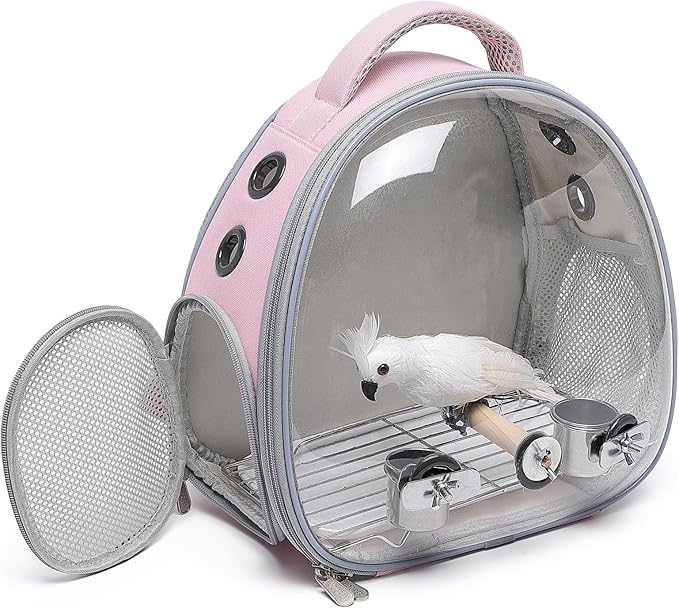 Bird Carrier Cage, Pet Travel Carrier Backpack with Standing Perch,Parrot Cockatiel Carrier bag, Food Bowl for Lovebirds Conures Parakeet Budgie Canary & Small Animal (pink+accessories)