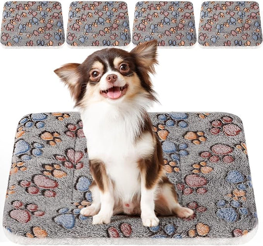 4 Pack Ultra Soft Dog Cat Bed Mat with Cute Prints Reversible Fleece Dog Crate Kennel Pad Cozy Washable Thickened Hamster Guinea Pig Bed Pet Bed Mat for Small Animals (Gray,23 x 18 Inches)