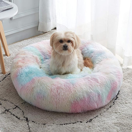 WESTERN HOME WH Calming Dog & Cat Bed, Anti-Anxiety Donut Cuddler Warming Cozy Soft Round Bed, Fluffy Faux Fur Plush Cushion Bed for Small Medium Dogs and Cats (20"/24"/27"/30")