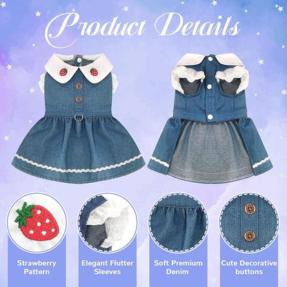Denim Dog Dress for Small Dogs Cats Cute Girl Dog Clothes Cute Strawberry Female Pet Dresses Spring Summer Pet Outfits for Chihuahua Yorkie Shih Tzu(Dark Blue,Medium)