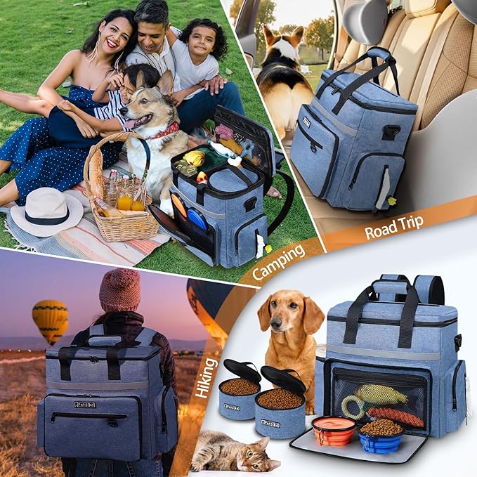 Petskd Dog Travel Bag for Supplies, 27L Large Space Pet Organizer Backpack, Airline Approved Dog Weekend Bag with Multi-Function Pockets for Overnight Camping with 2 Food Containers, 2 Bowls (Blue)