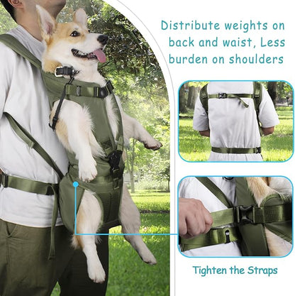 PetBonus Pet Front Dog Carrier Backpacks, Adjustable Dog Backpack Carrier, Legs Out Easy-fit Dog Chest Carrier for Medium Small Dogs, Hands Free Dog Front Carrier for Hiking, Cycling (Army Green, XL)