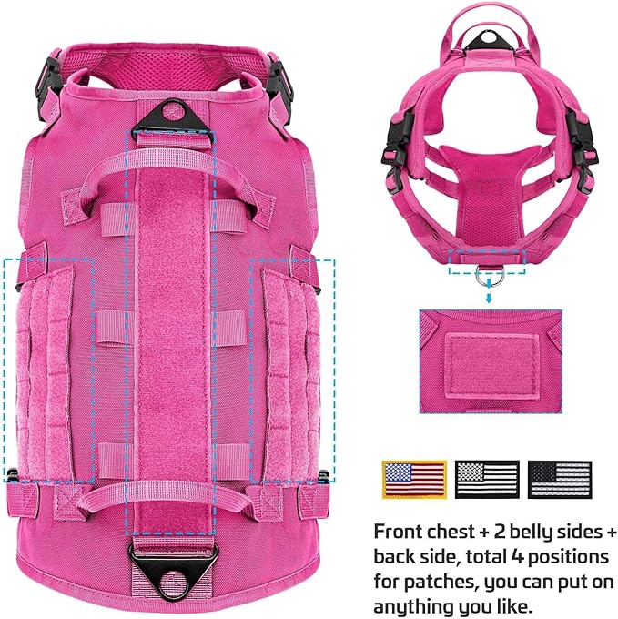 Forestpaw Pink Tactical Dog Harness for Large Dogs,Tactical Dog Collar with Bungee Leash Set,No Pull Military Dog Harness for Dog Walking Training,Adjustable for Medium Large Dogs,S