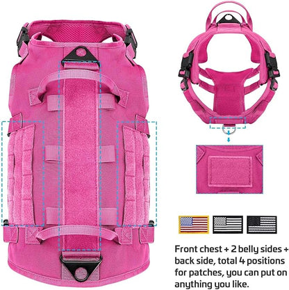 Forestpaw Pink Tactical Dog Harness for Large Dogs,Tactical Dog Collar with Bungee Leash Set,No Pull Military Dog Harness for Dog Walking Training,Adjustable for Medium Large Dogs,S