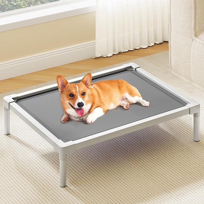 YITAHOME Cooling Elevated Dog Bed, Chew Proof Raised Pet Cot with Aluminum Frame, Breathable Textilene Mesh, Enclosed Edges, Non-Slip Feet, Durable Dog Bed for Indoors & Outdoors, Grey, 32 Inch