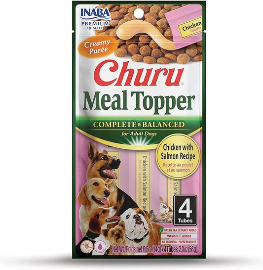 INABA Churu Meal Topper for Dogs, Complete & Balanced, Creamy, Lickable Purée Dog Food Topper, 0.5 Ounce Tube, 4 Tubes (4 per Pack) Chicken with Salmon Recipe