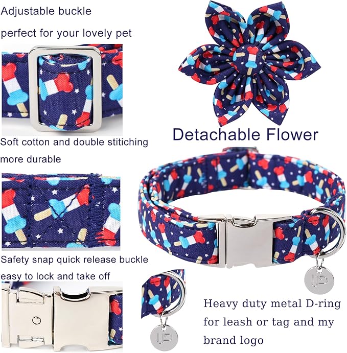 American Flag Dog Collar with Flower 4th of 13.5-22in