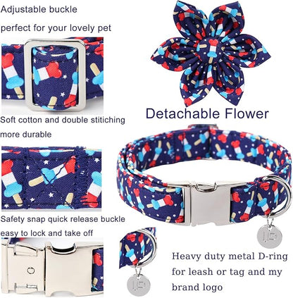 American Flag Dog Collar with Flower 4th of 8-12in