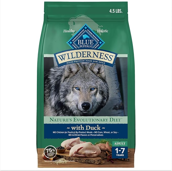 Blue Buffalo Wilderness Natural High-Protein Dry Food for Adult Dogs, with Wholesome Grains, Duck, 4.5-lb bag.