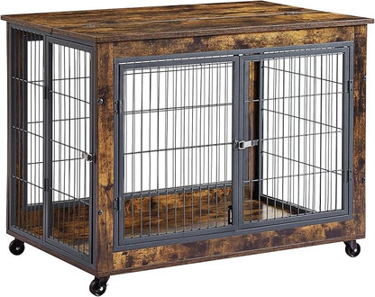 Okak Dog Crate Furniture Wooden Dog Crate With Double Sliding Iron Doors and Lift Top on Casters Heavy-Duty Dog Kennel Indoor for Medium/Large Dog Brown,38.58" L