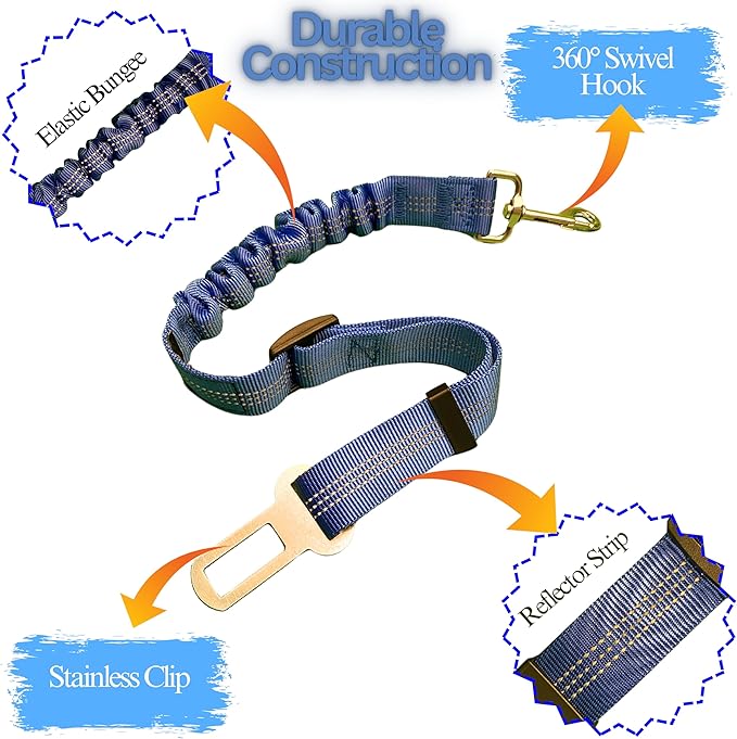 Reflective 2 in 1 Dog Cat Seat Belt Stretchable, Expandable Harness Leash and Headrest Collar Accessary for Vehicle, Pet Safety, Nylon, Heavy Duty and Elastic (Blue)