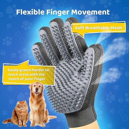 Upgrade Version Pet Grooming Glove - Gentle Deshedding Brush Glove - Efficient Pet Hair Remover Mitt - Enhanced Five Finger Design - Perfect for Dog & Cat with Long & Short Fur - 1 Pair (Gray)