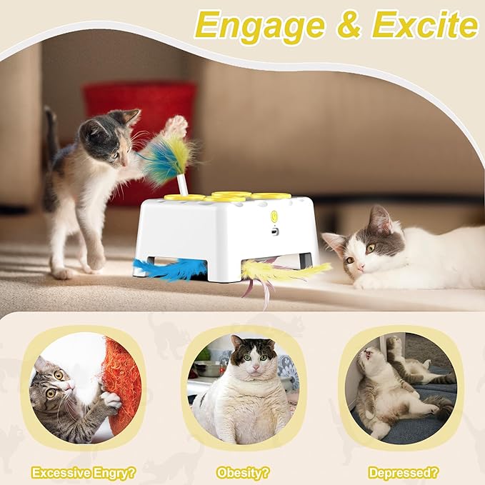 Interactive Cat Toys, 2-in-1 Automatic Cat Toy, 4 Holes Mice Whack A Mole Cat Mouse Toy with Moving Feather, Portable USB Rechargeable Electronic Kitten Toys (White & Yellow)