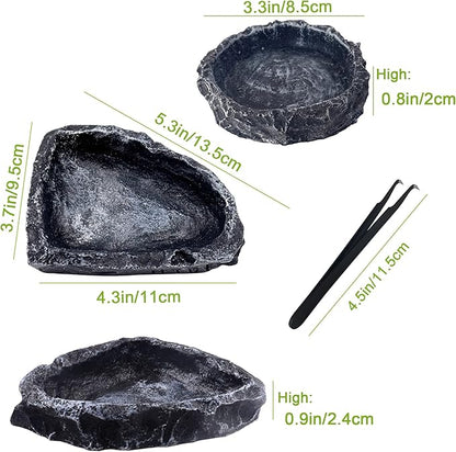 2 Pack Reptile Water Dish - Reptile Water and Food Bowls with Tongs Imitating Natural Rock，Breadworm Feeding for Leopard Gecko Lizard Spider Scorpion Chameleon (2Pcs Square+Round)