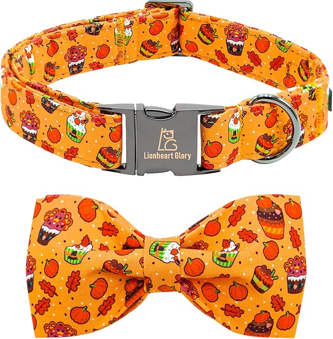 Lionheart glory Thanksgiving Dog Collar, Turkey Pumpkin Dog Bow Collar Adjustable Soft Comfortable Bowtie Collars for Medium Dogs Girl or Boy Fall Collar Dog Bow Pet Gift