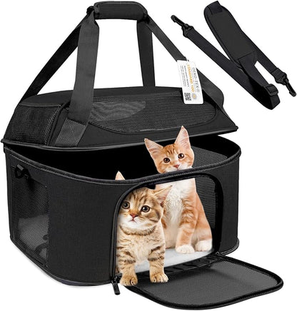 Large Cat Carrier for 2 Cats, Soft Side Carrier for Cats Small Dogs, Collapsible Travel Dog Carrier Oeko-TEX Certified, TSA Airline Approved Cat Carrier Backpack for 20 lbs Cat,Black