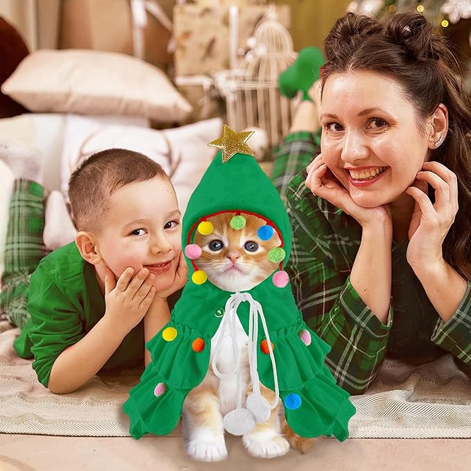 Cat Christmas Outfit Green Pet Cloak with Hat with Star and Pompoms Puppy Cape Clothes Xmas Tree Elf Costumes Party Pet Supplies Accessories for Small Dogs Cats Pet Santa Presents