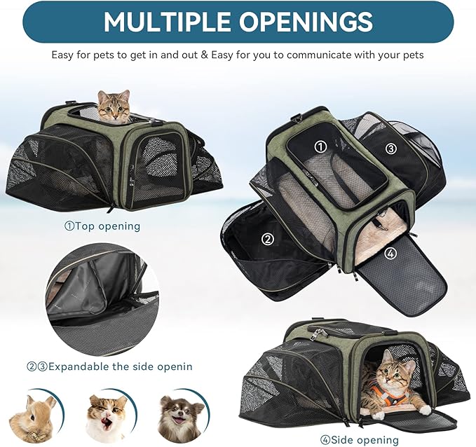 Petsfit Expandable Rabbit Carrier Bunny Carriers, 16 Inch Airline Approved Pet Carrier with 2 Extensions, Soft Washable Cushion, Self-Locking Zipper Head, Built-in Safety Rope, Fit for Travel