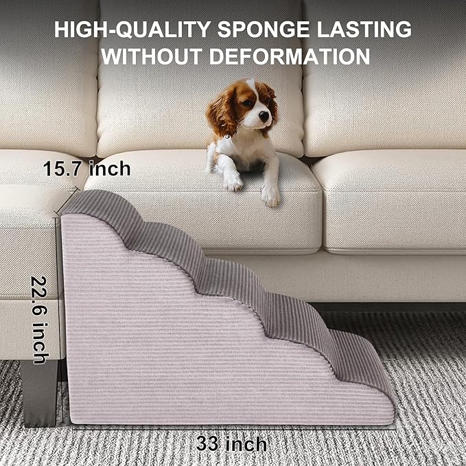 22.6”H Curved Dog Stairs for High Beds, Pet Steps with Durable Non-Slip Washble Fabric Cover, Pet Stairs for High Bed Climbing, Dog Steps for Small Dogs and Cats, 5-Tiers（33" D x 15.7" W）