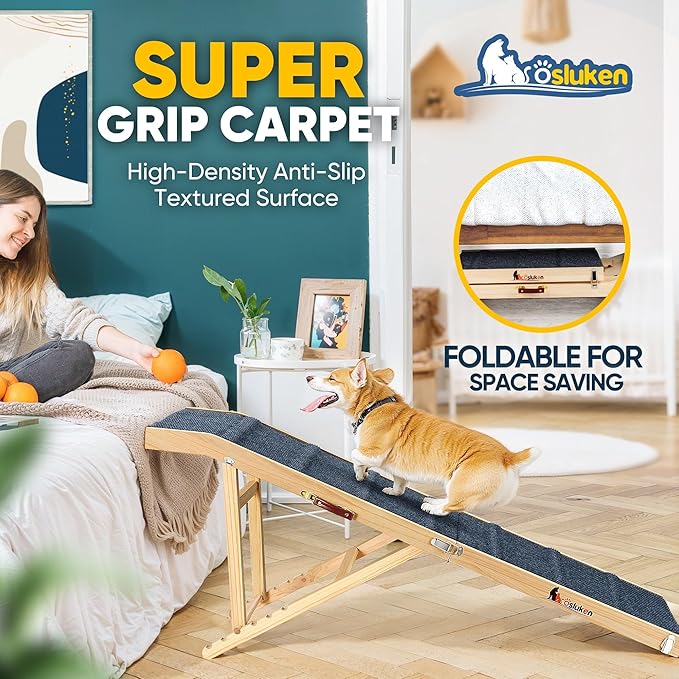 𝟮𝟬𝟮𝟰 𝐔𝐩𝐠𝐫𝐚𝐝𝐞𝐝 Dog Ramp for Bed, 64" Long Foldable Pet Ramp for Small Large Dogs Cats, Dog Ramps for High Beds Car, High Traction with Platform 6 Adjustable Heights 24" to 30" Up to 220LBS