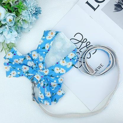 Dog Harness Vest Set for Small Girl Dogs with D-Ring Soft Comfortable Mesh Dog Harness Vest Pet Daisy Floral Bow Tie for Small Medium Large Dogs (Blue, M)