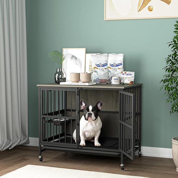 NicBex Dog Crate Furniture Dog Cage with 360 Degree Rotation Height Adjustable Feeding Bowls